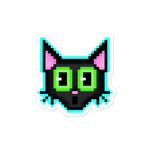 8 bit black cat sticker with bright green eyes and a scared expression