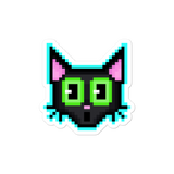 8 bit black cat sticker with bright green eyes and a scared expression