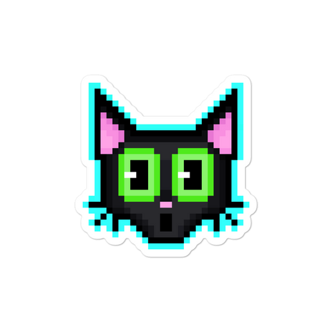 8 bit black cat sticker with bright green eyes and a scared expression